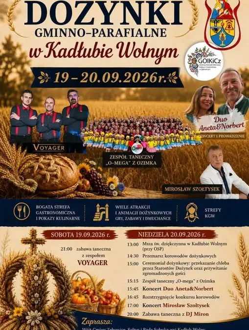 Dożynki Gminno-Parafialne w Kadłubie Wolnym – 19-20 września 2026