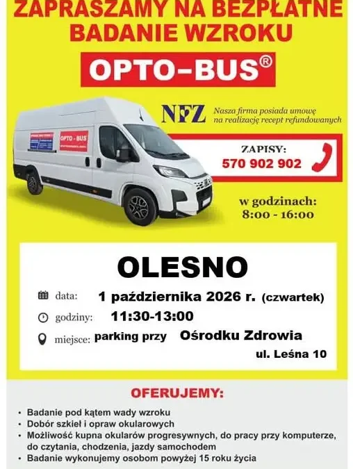 Bezpłatne badanie wzroku w Olesnie – Opto-Bus odwiedzi miejscowość 4 października