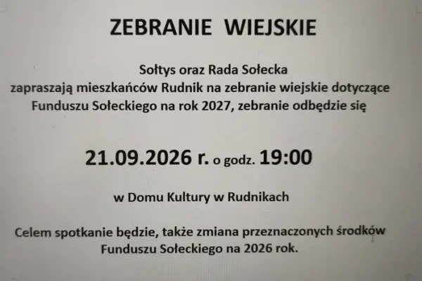 Zebranie wiejskie w Rudnikach – Fundusz Sołecki 2027 i zmiany w budżecie 2026