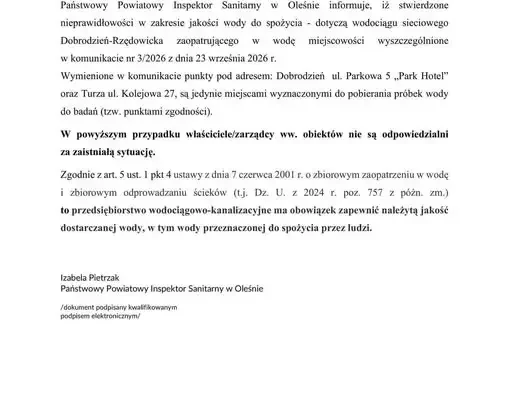 Sanepid w Oleśnie wyjaśnia: punkty poboru wody w Dobrodzieniu i Turzy nie odpowiadają za złą jakość wody