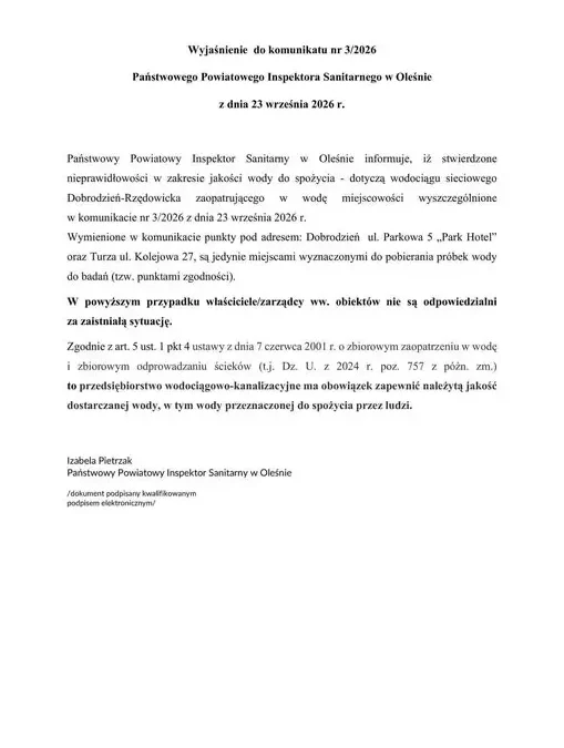 Sanepid w Oleśnie wyjaśnia: punkty poboru wody w Dobrodzieniu i Turzy nie odpowiadają za złą jakość wody
