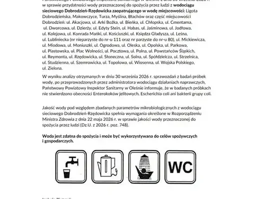 Woda z wodociągu Dobrodzień-Rzędowice ponownie zdatna do spożycia