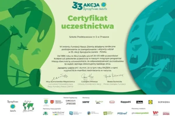 Szkoła Podstawowa nr 3 w Praszce z Zielonym Sercem za udział w 33. Akcji Sprzątania Świata