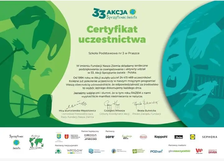 Szkoła Podstawowa nr 3 w Praszce z Zielonym Sercem za udział w 33. Akcji Sprzątania Świata